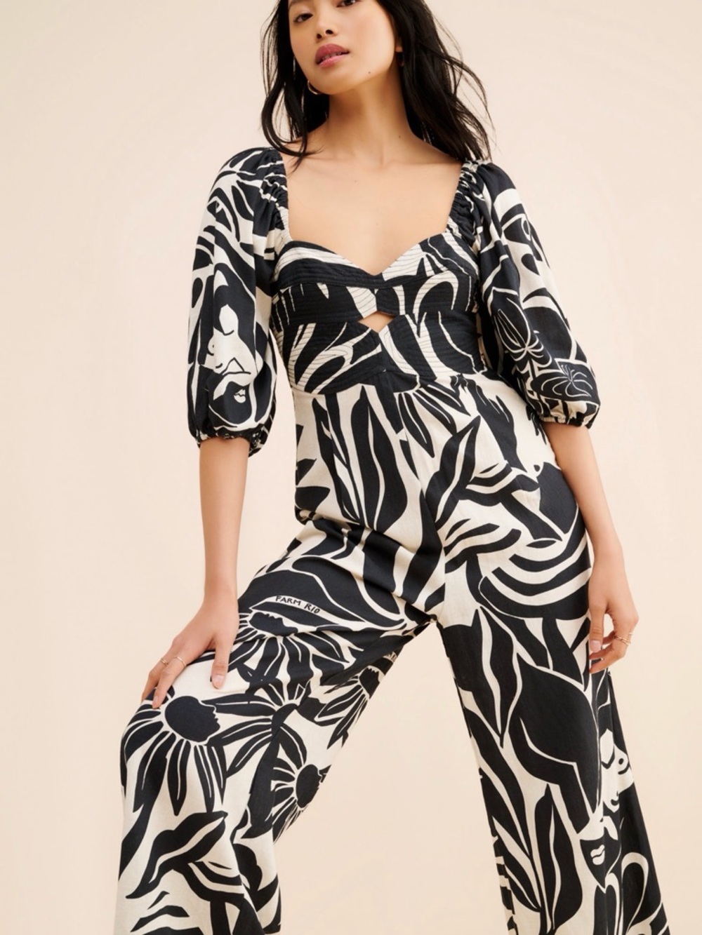 FARM Rio x Anthropologie Black and White Floral Cutout Wide-Leg Jumpsuit